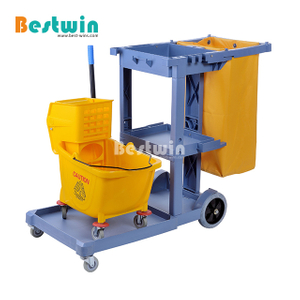 Hotel Equipment Plastic Serving Vehices Yellow Cleaning Trolley Janitor Cart with Cover Service Cart